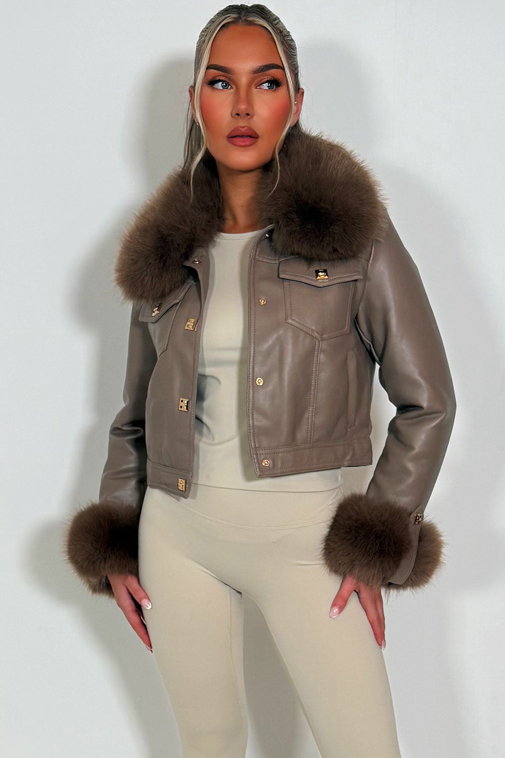 Taupe Faux Fur Faux Leather Bomber Jacket With Gold Button