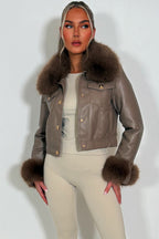 Taupe Faux Fur Faux Leather Bomber Jacket With Gold Button