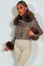 Taupe Faux Fur Faux Leather Bomber Jacket With Gold Button