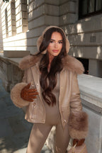 Taupe Faux Leather Jacket With Faux Fur Collar Cuff & Adjustable Waist
