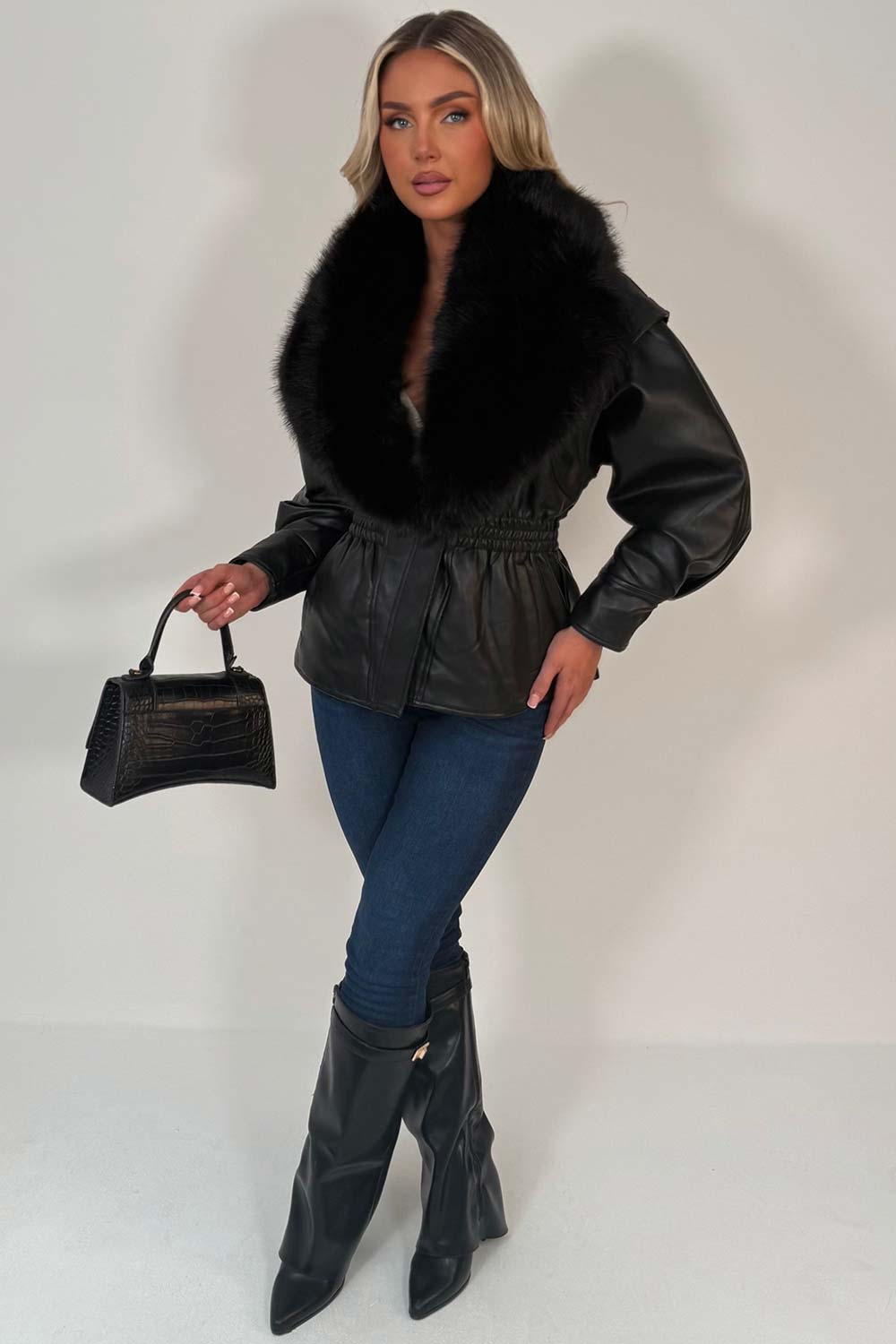 Black Fur Collar Faux Leather Jacket With Cinched Waist