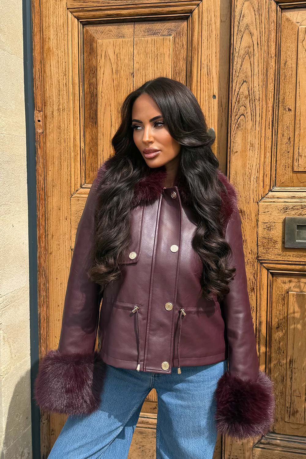 Burgundy Faux Leather Jacket With Faux Fur Collar Cuff & Adjustable Waist