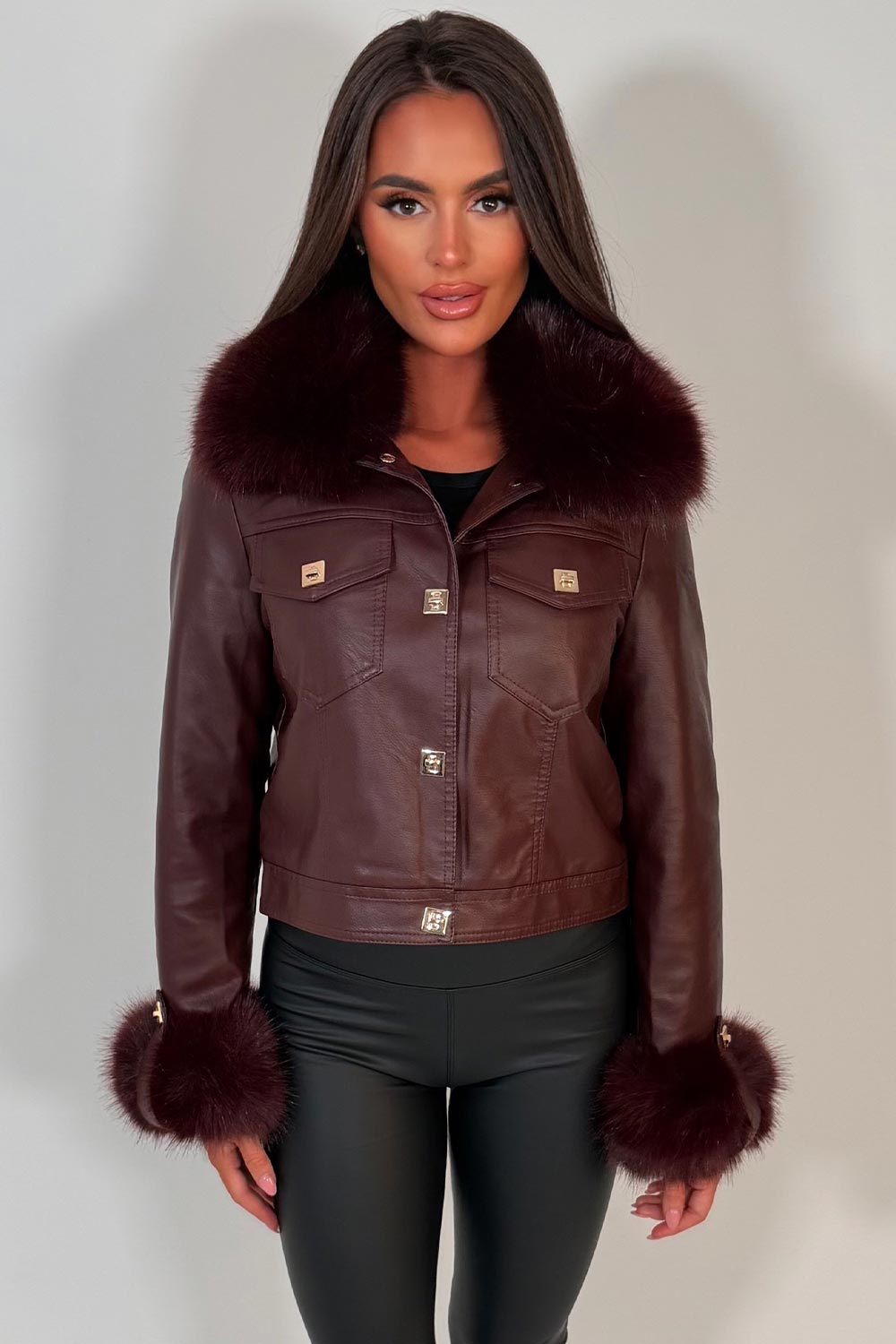 Burgundy Faux Fur Faux Leather Bomber Jacket With Gold Button