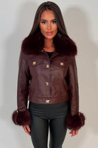 Burgundy Faux Fur Faux Leather Bomber Jacket With Gold Button