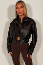 Faux Leather Jacket With Shoulder Tabs Brown