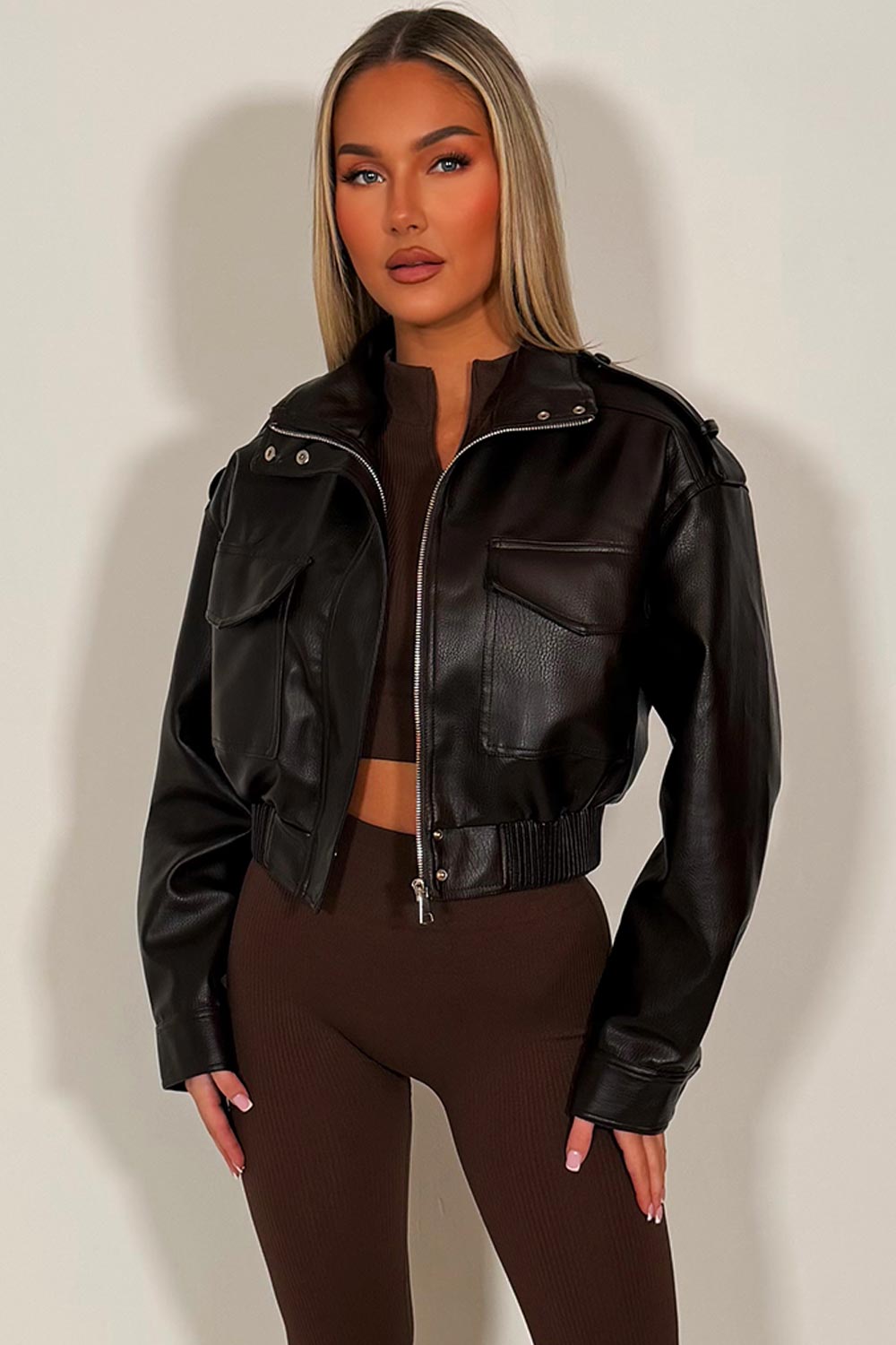 Faux Leather Jacket With Shoulder Tabs Brown