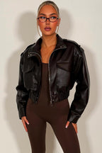 Faux Leather Jacket With Shoulder Tabs Brown