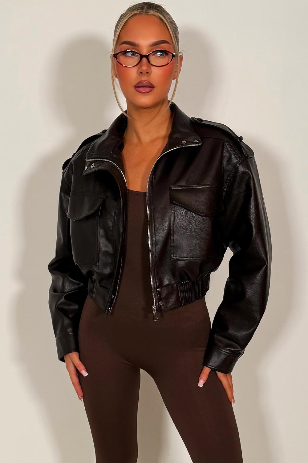 Faux Leather Jacket With Shoulder Tabs Brown