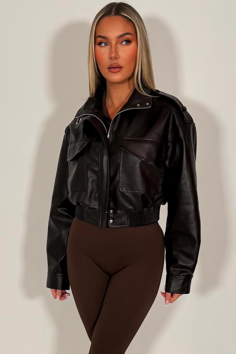 Faux Leather Jacket With Shoulder Tabs Brown