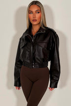 Faux Leather Jacket With Shoulder Tabs Brown