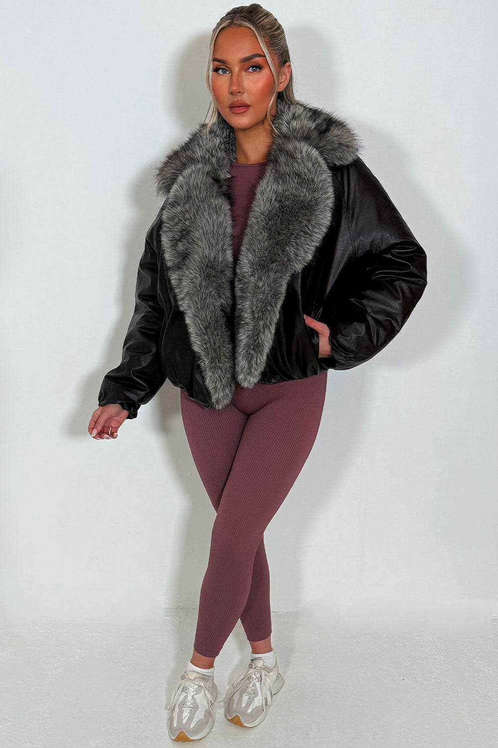 Brown Bomber Jacket With Faux Fur Collar And Trim