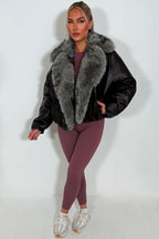 Brown Bomber Jacket With Faux Fur Collar And Trim