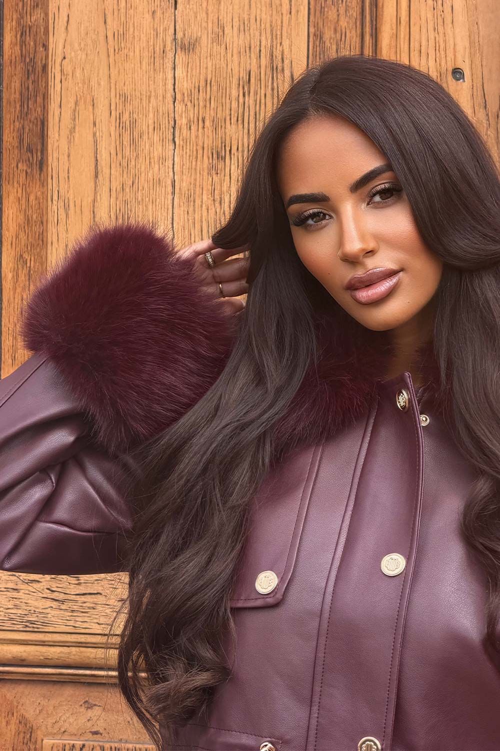 Burgundy Faux Leather Jacket With Faux Fur Collar Cuff & Adjustable Waist