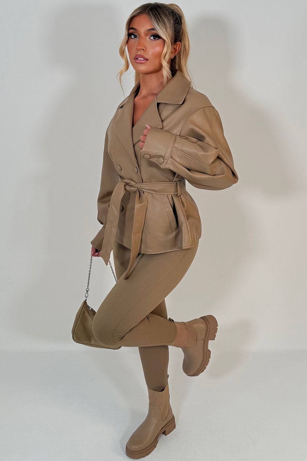 Leather Effect Jacket With Lapel Collar And Belt Beige