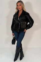 Black Faux Leather Bomber Jacket With Double Collar