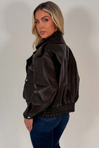 Brown Faux Leather Bomber Jacket With Double Collar