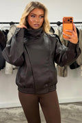Faux Leather Funnel Neck Jacket Brown
