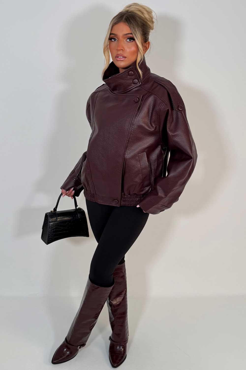 Faux Leather Funnel Neck Jacket Burgundy