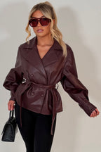 Leather Effect Jacket With Lapel Collar And Belt Burgundy