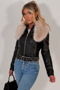 Beige Faux Fur Collar Jacket In Black Faux Leather With Belt