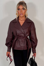 Leather Effect Jacket With Lapel Collar And Belt Burgundy