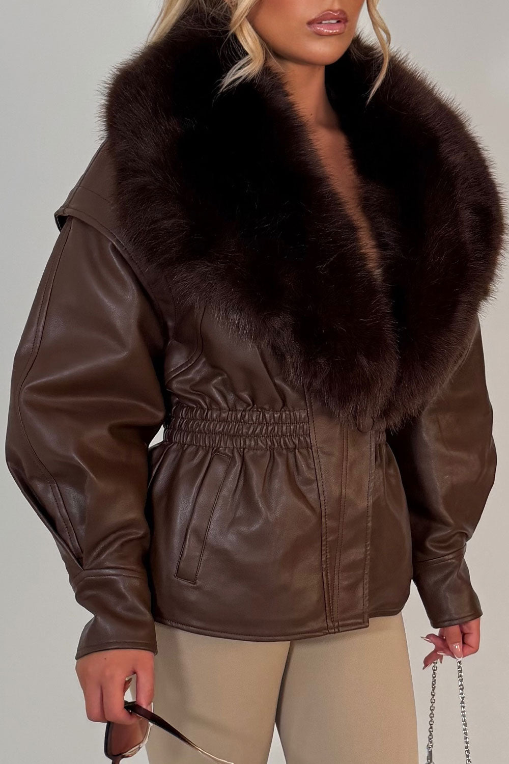 Brown Fur Collar Faux Leather Jacket With Cinched Waist