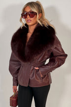 Burgundy Fur Collar Faux Leather Jacket With Cinched Waist