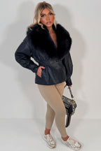 Navy Fur Collar Faux Leather Jacket With Cinched Waist