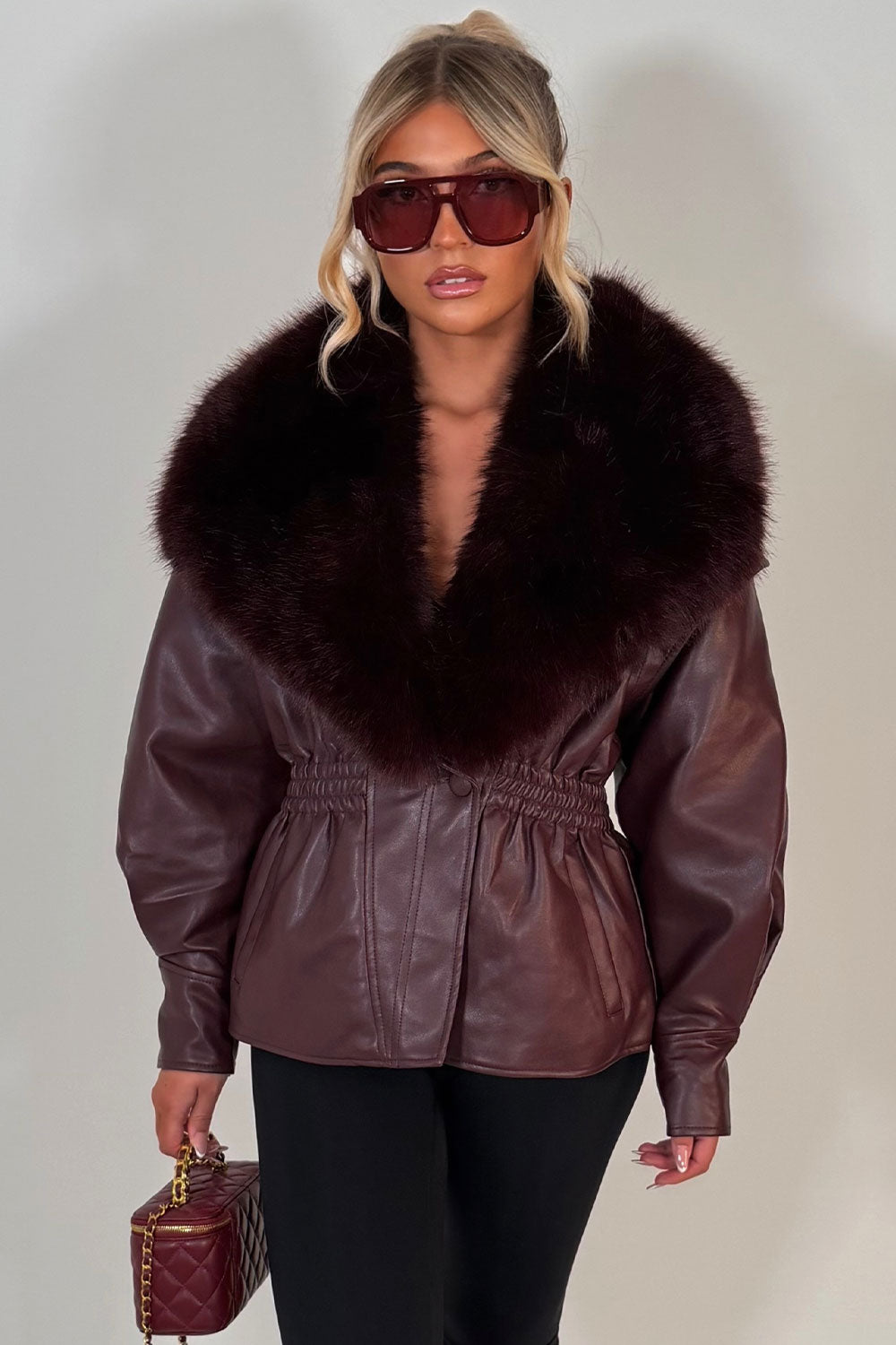 Burgundy Fur Collar Faux Leather Jacket With Cinched Waist