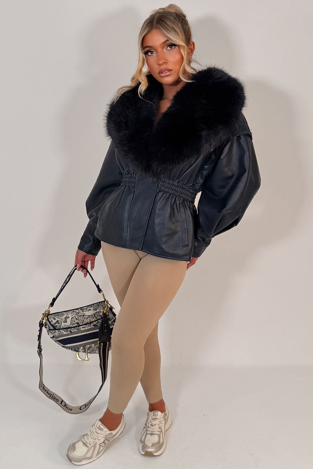 Navy Fur Collar Faux Leather Jacket With Cinched Waist