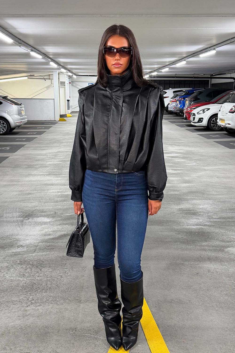 Black Faux Leather Funnel Neck Bomber Jacket