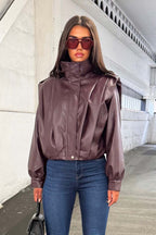 Burgundy Faux Leather Funnel Neck Bomber Jacket