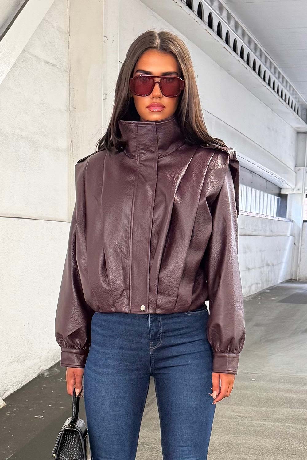 Burgundy Faux Leather Funnel Neck Bomber Jacket
