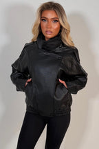 Black Faux Leather Funnel Neck Jacket