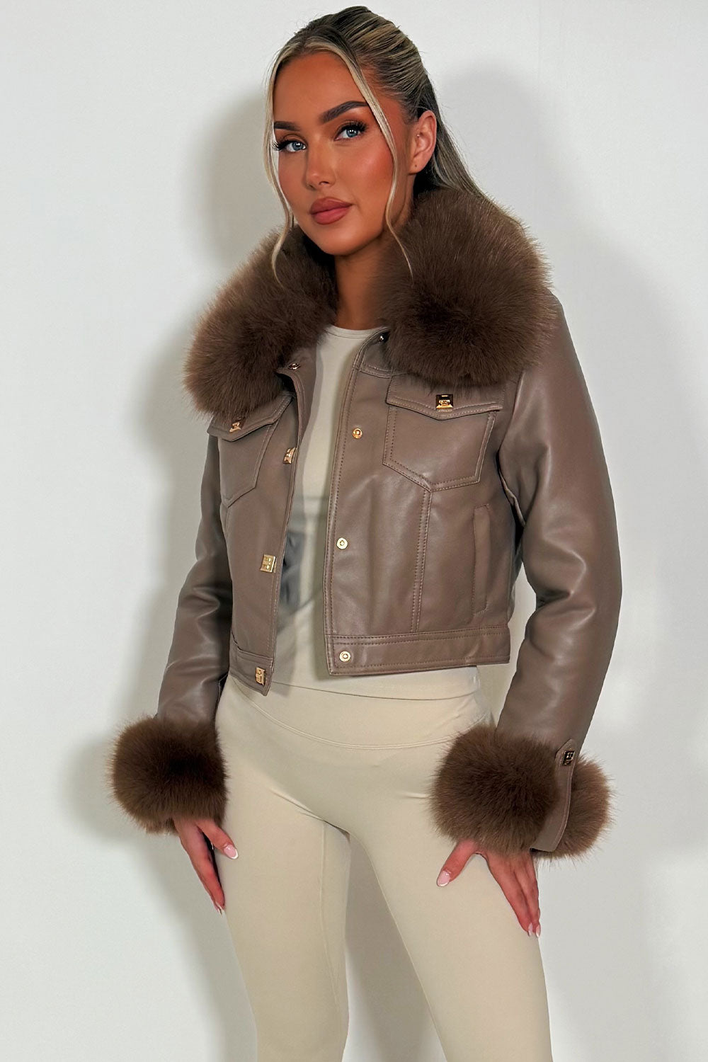 Taupe Faux Fur Faux Leather Bomber Jacket With Gold Button