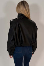 Black Faux Leather Funnel Neck Bomber Jacket