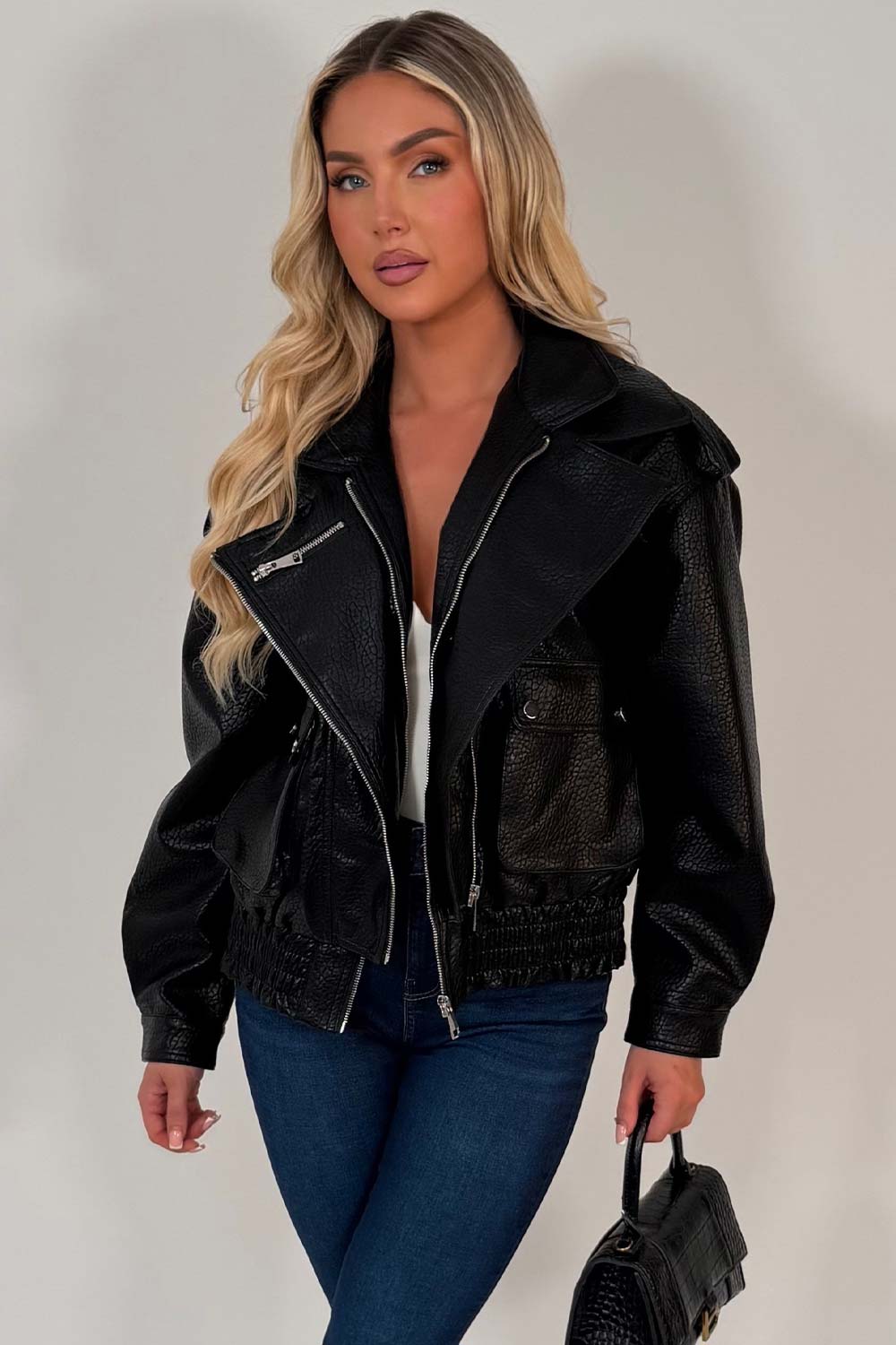 Black Faux Leather Bomber Jacket With Double Collar