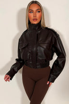 Faux Leather Jacket With Shoulder Tabs Brown