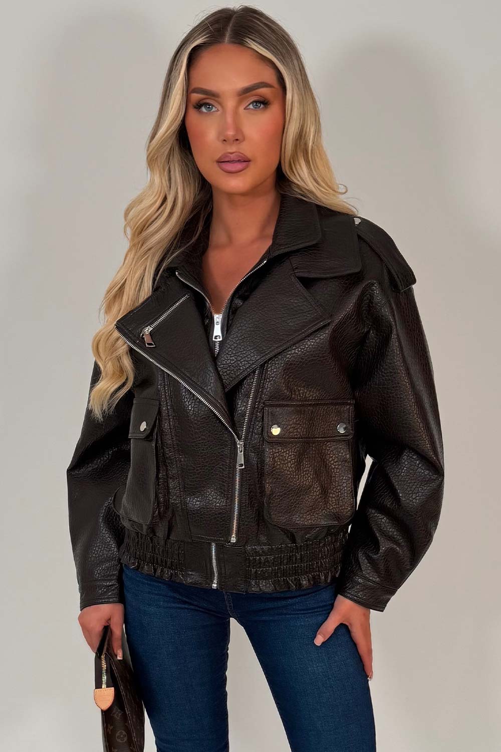 Brown Faux Leather Bomber Jacket With Double Collar