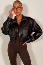 Faux Leather Jacket With Shoulder Tabs Brown