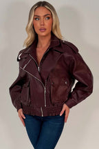 Burgundy Faux Leather Bomber Jacket With Double Collar