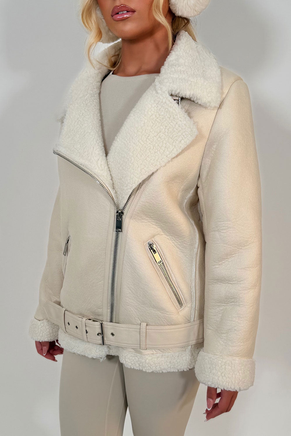 Aviator Jacket With Shearling Detail Beige