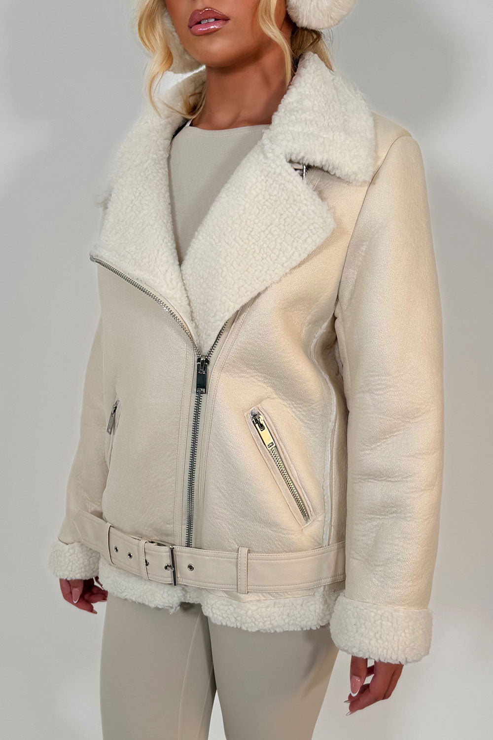 Aviator Jacket With Shearling Detail Beige