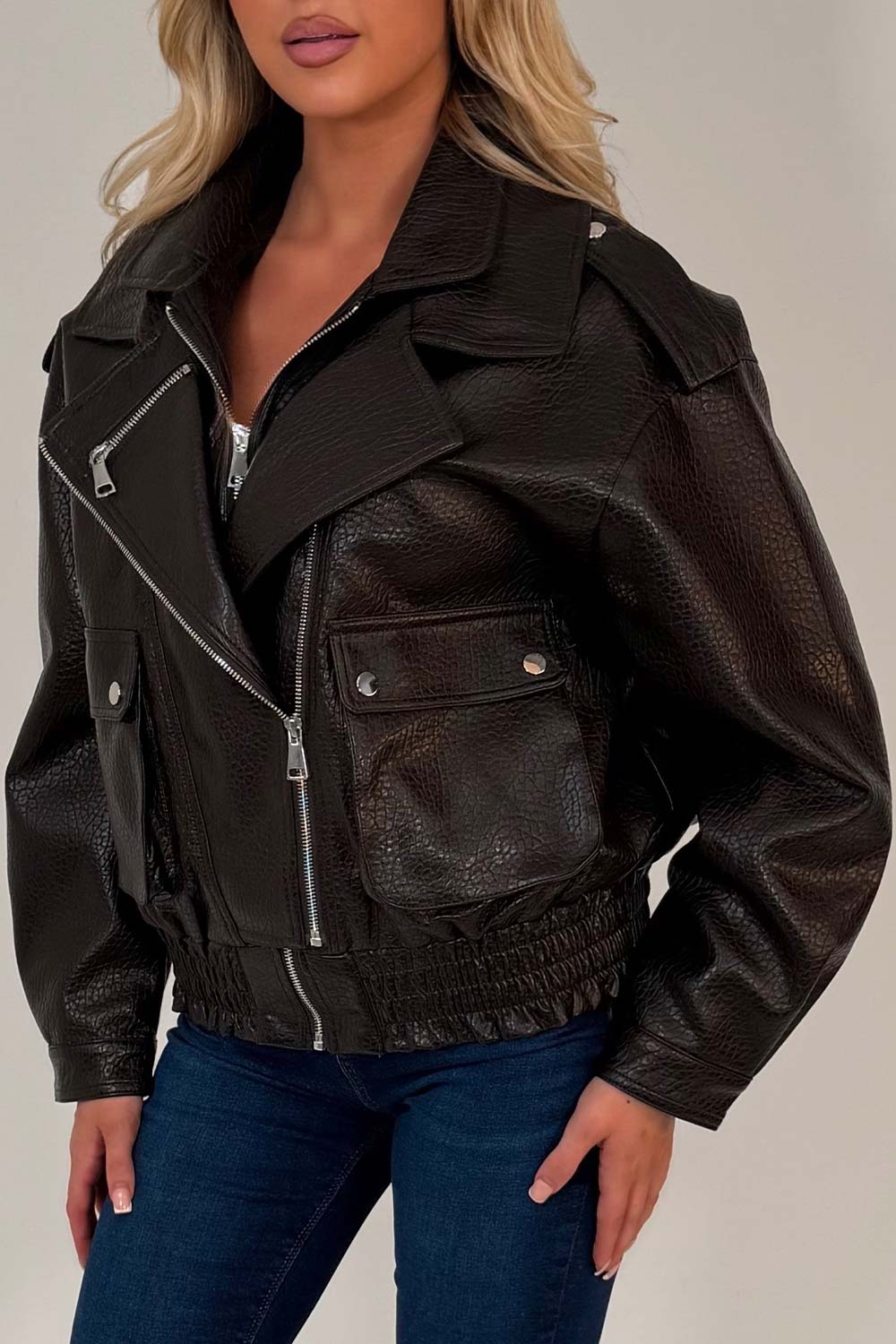 Brown Faux Leather Bomber Jacket With Double Collar