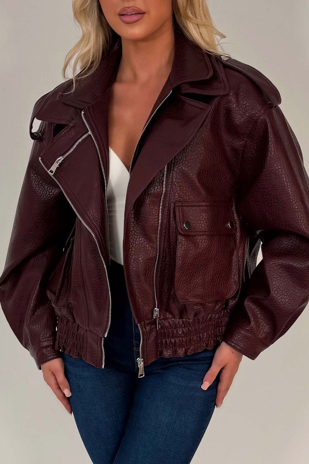 Burgundy Faux Leather Bomber Jacket With Double Collar