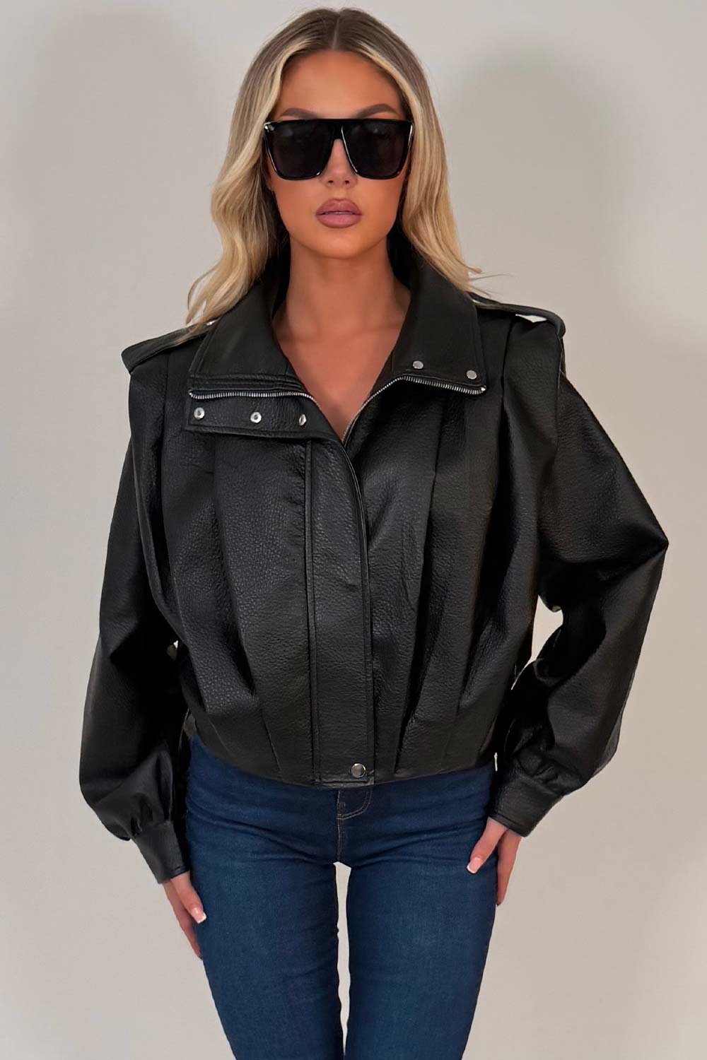 Black Faux Leather Funnel Neck Bomber Jacket