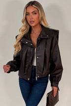 Brown Faux Leather Funnel Neck Bomber Jacket