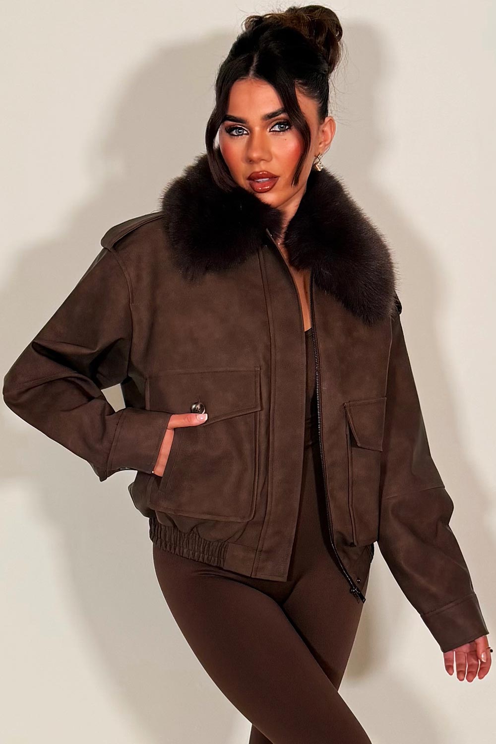 Faux Suede Faux Fur Collar Jacket Brown