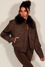 Faux Suede Faux Fur Collar Jacket Brown