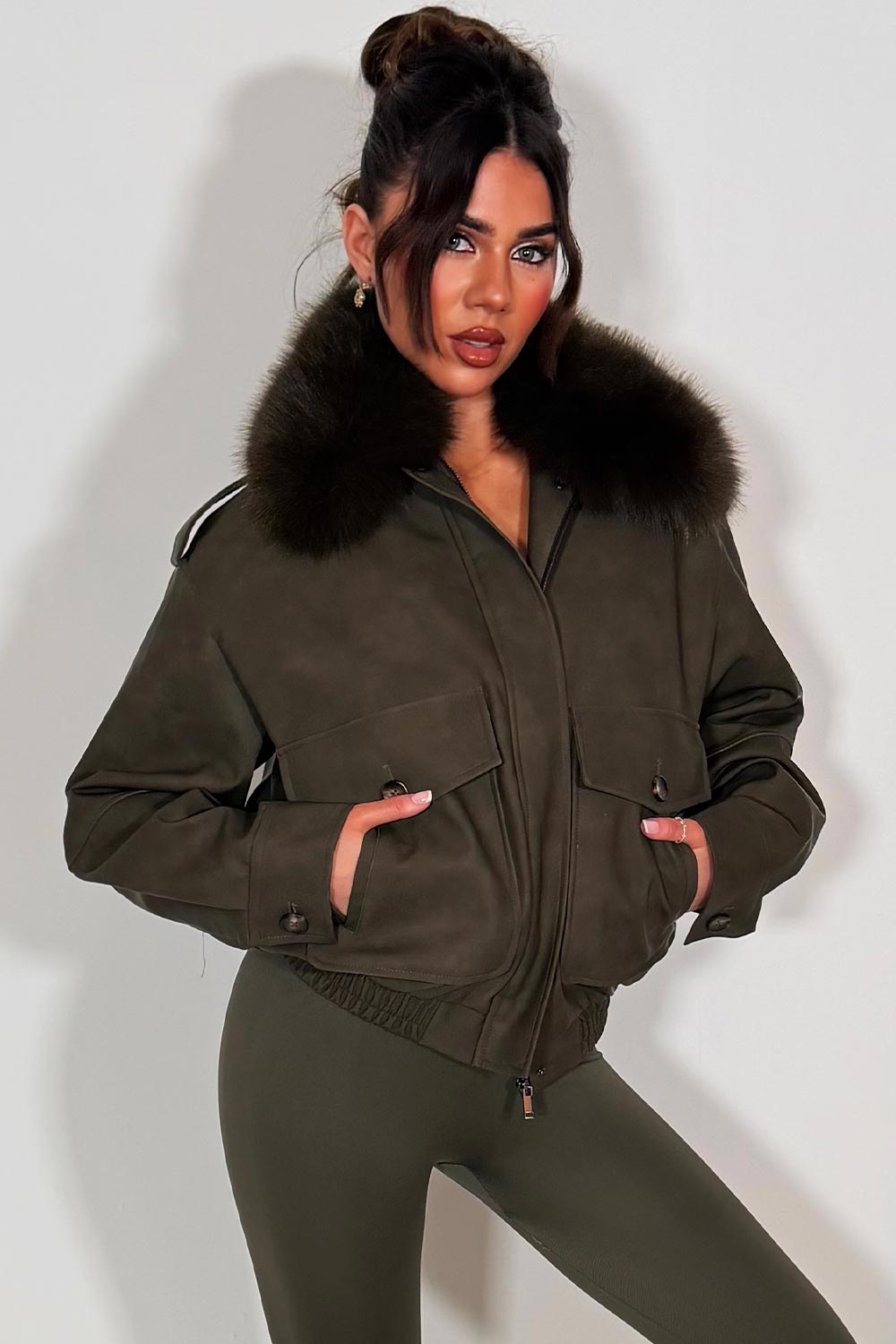 Faux Suede Faux Fur Collar Jacket Khaki
